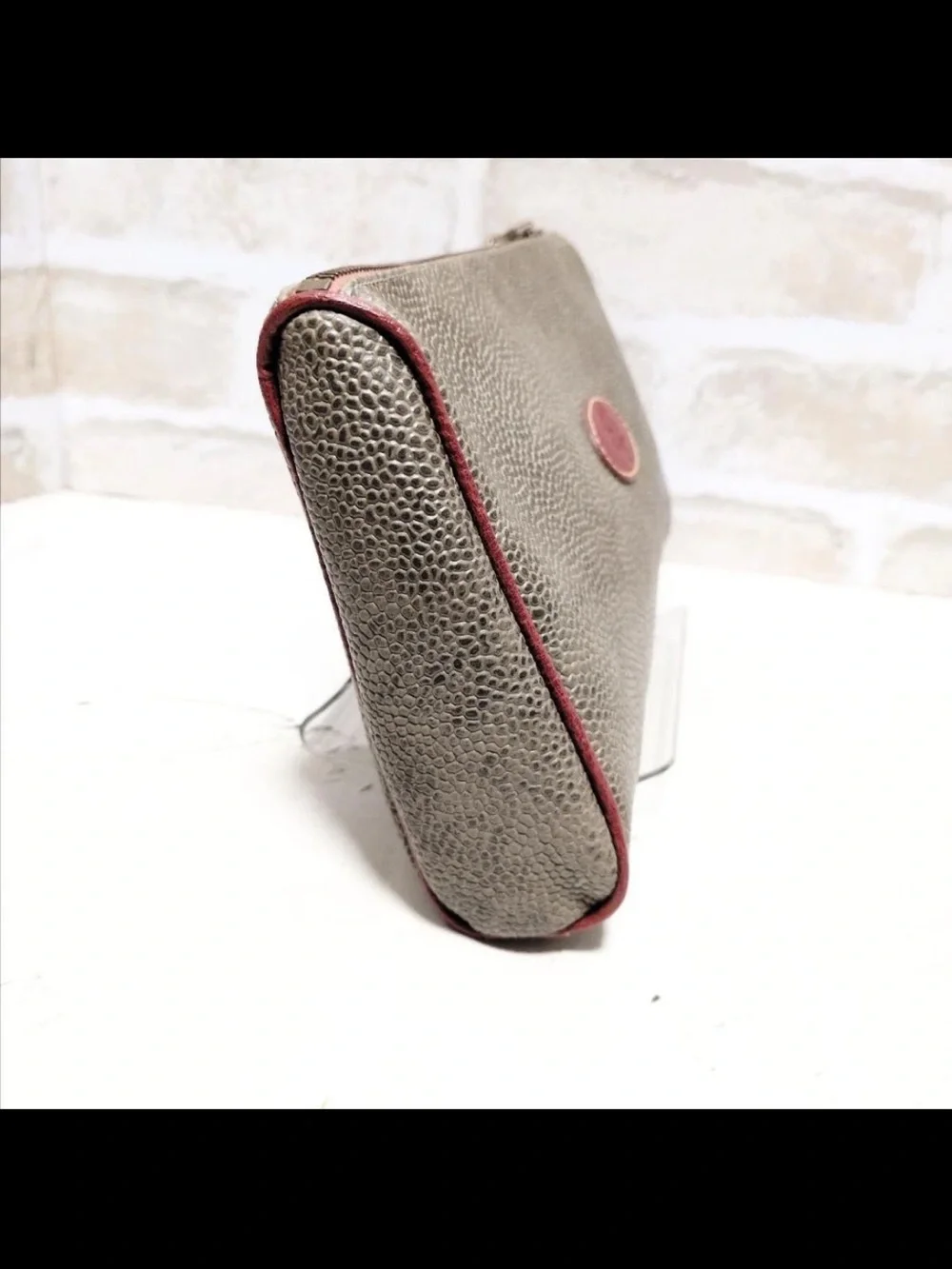 Mulberry Pebbled Leather Zip Pouch in Taupe with Red Accents